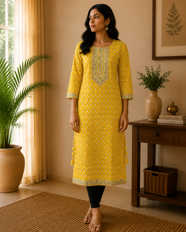 Yellow Embroidered Cotton Kurta With Tassels