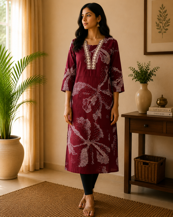 Maroon Cotton Kurta With Lace