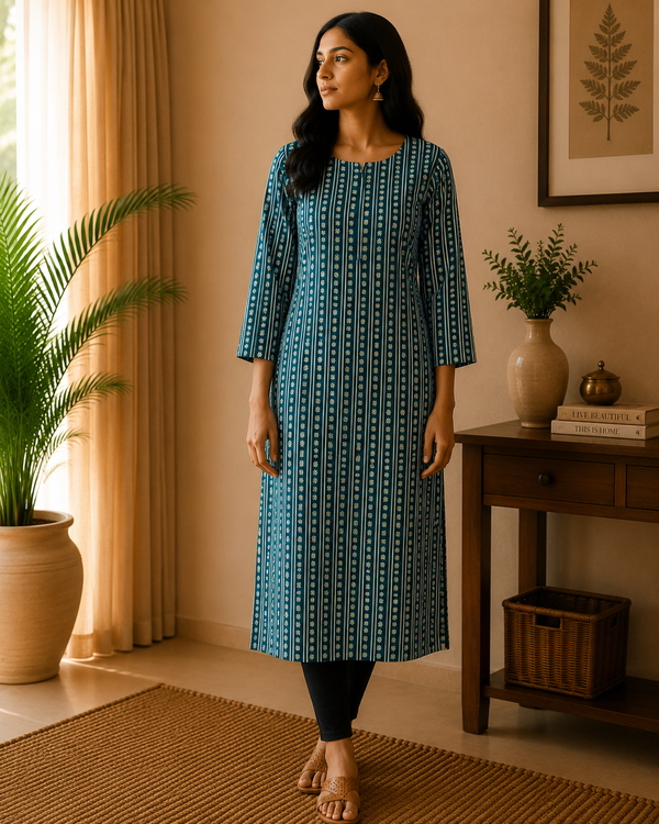 Dark Green Strips Cotton Kurta