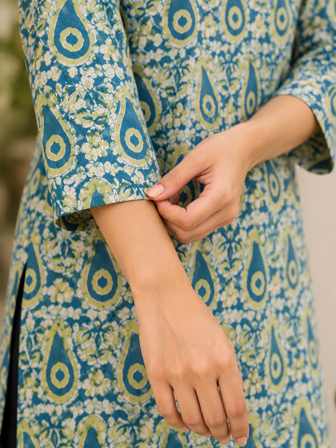 Green Dabu HandBlock Printed Straight Cut Kurta