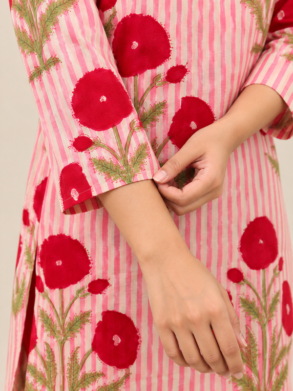 Pink Dabu Butti HandBlock Printed Straight Cut Kurta