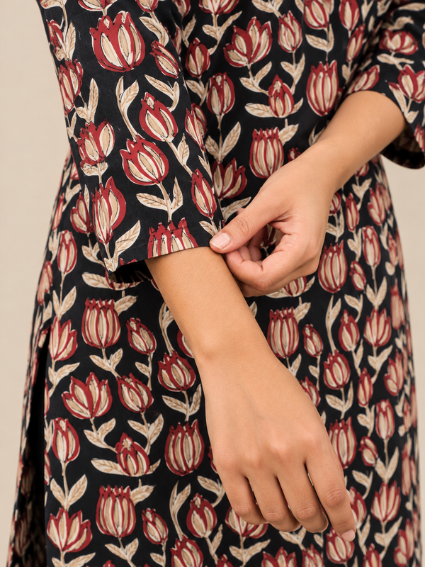 Black & Red Bagru HandBlock Printed Straight cut Kurta