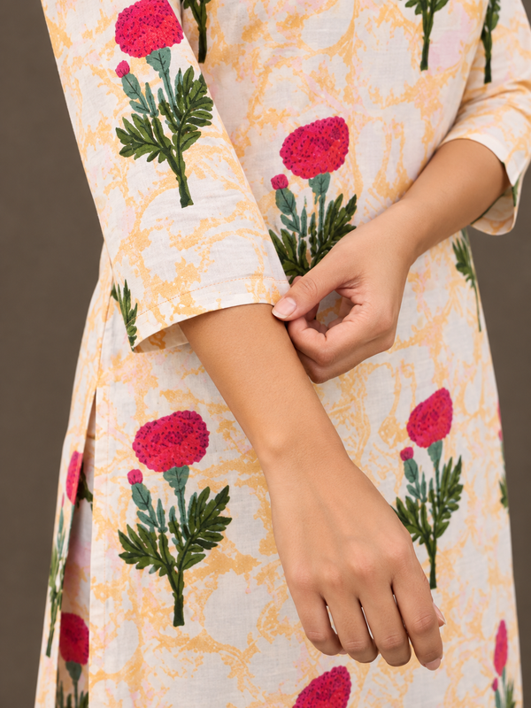 White Sanganeri HandBlock Printed Straight Kurta With Lining