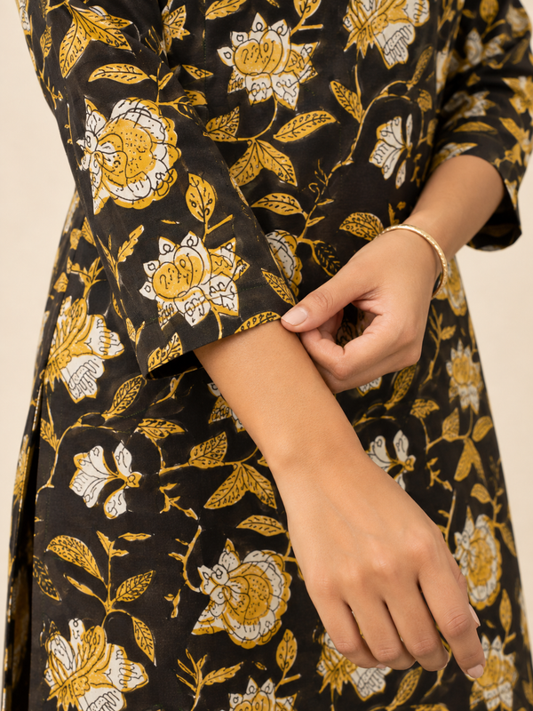 Black & Yellow Jahota HandBlock Printed Straight Cut Kurta