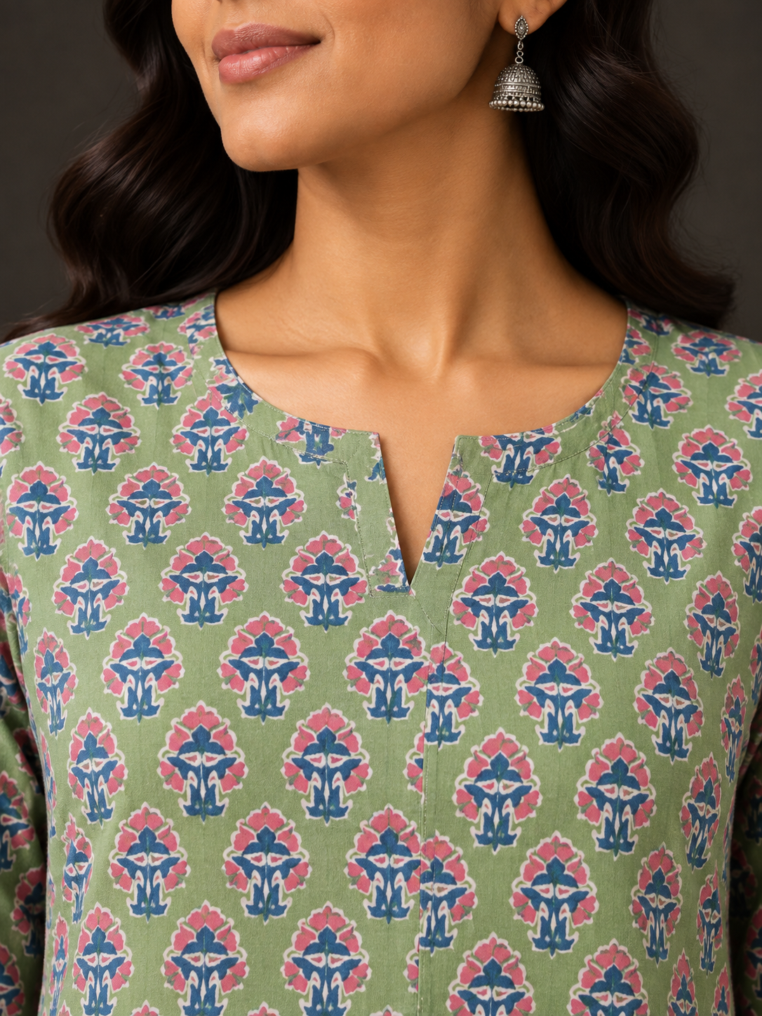 Green Bagru Butti Straight Cut Kurta With Lining