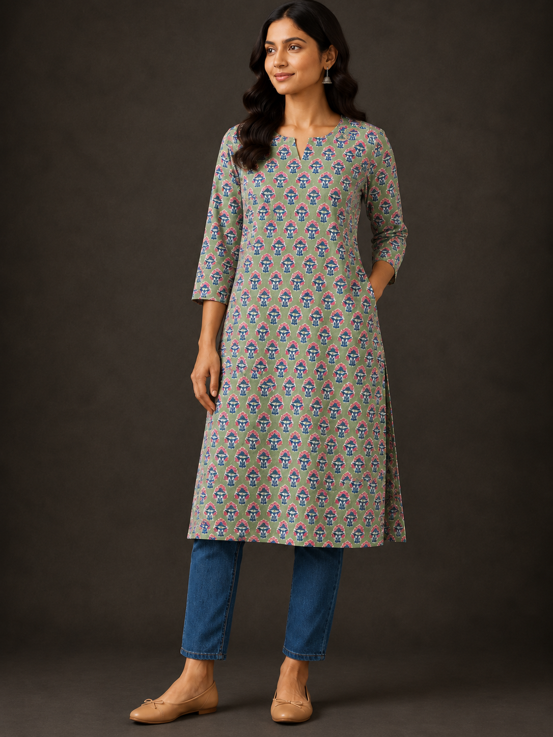 Green Bagru Butti Straight Cut Kurta With Lining