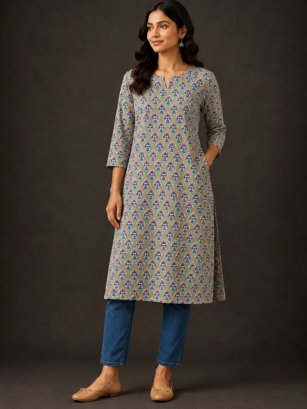 Green Bagru Butti HandBlock Printed Straight Cut Kurta With Lining