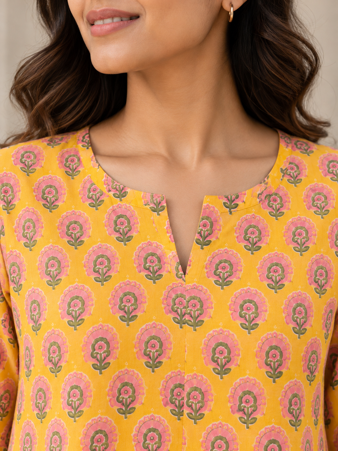 Yellow Bagru HandBlock Printed Straight Cut Kurta With Lining