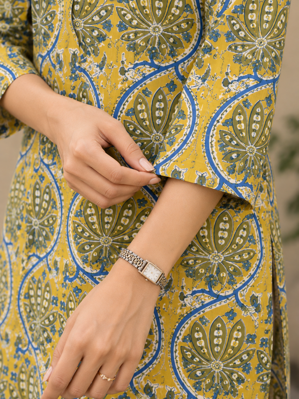 Yellow Ajrakh HandBlock Printed Straight Cut Kurta