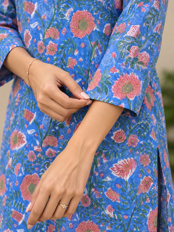 Blue Sanganeri HandBlock Printed Straight Cut Kurta With Lining