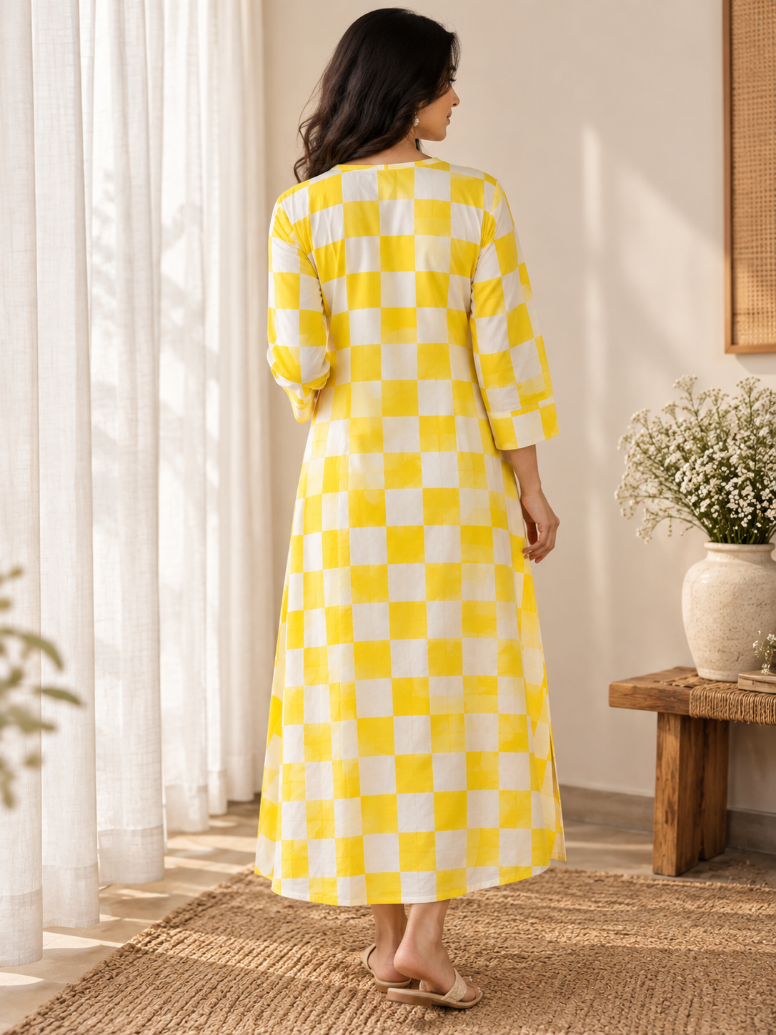 Sunny Yellow Checkered HandBlock Printed A-Line Cotton With Lining