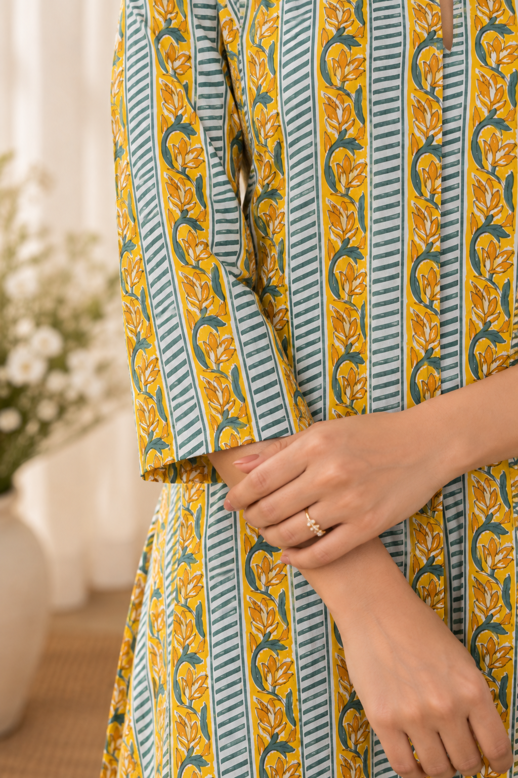 Meher - Mustard & Sage Handblock Stripe Cotton A-Line Kurta