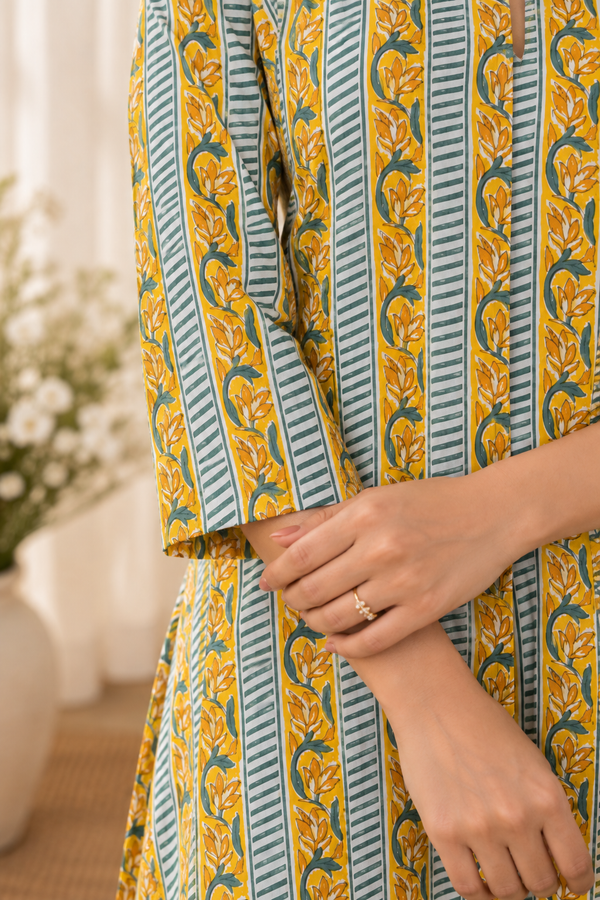 Meher - Mustard & Sage Handblock Stripe Cotton A-Line Kurta