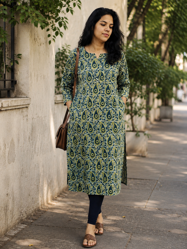 Green Dabu Straight Cut Kurta