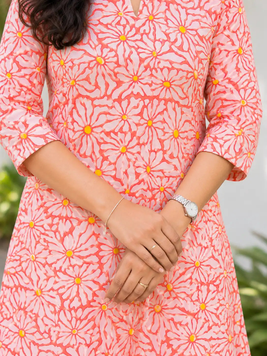 Coral Daisy Handblock Printed Cotton A-line Kurta With Lining