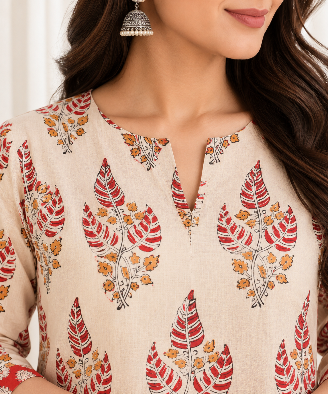 Cream Red Leaf Motif HandBlock Printed A-Line Cotton Kurta