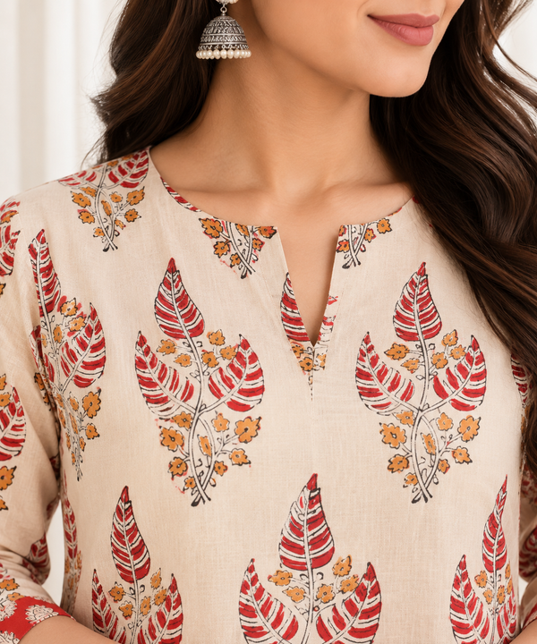 Cream Red Leaf Motif HandBlock Printed A-Line Cotton Kurta