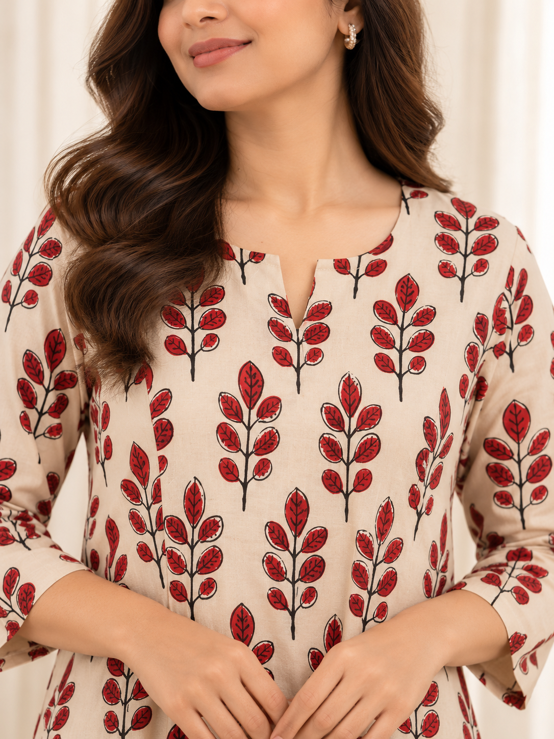 Beige Red Leaf Motif HandBlock Printed A-Line Cotton Kurta