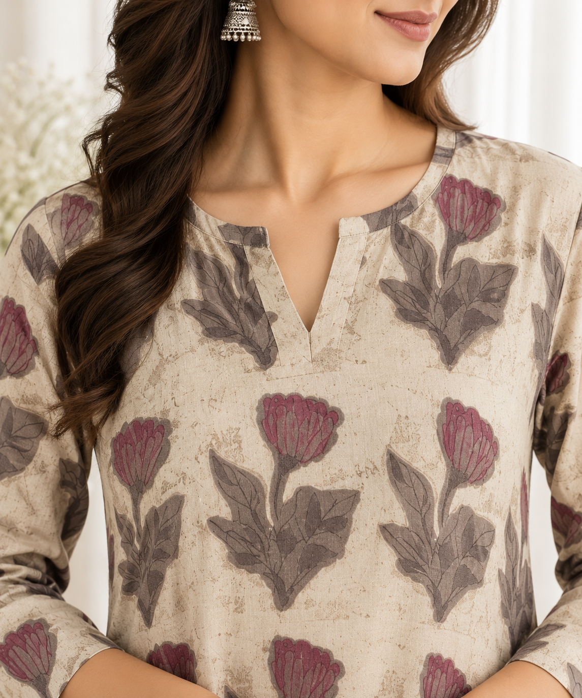 Beige Maroon Tulip Buta HandBlock Printed A-Line Cotton Kurta