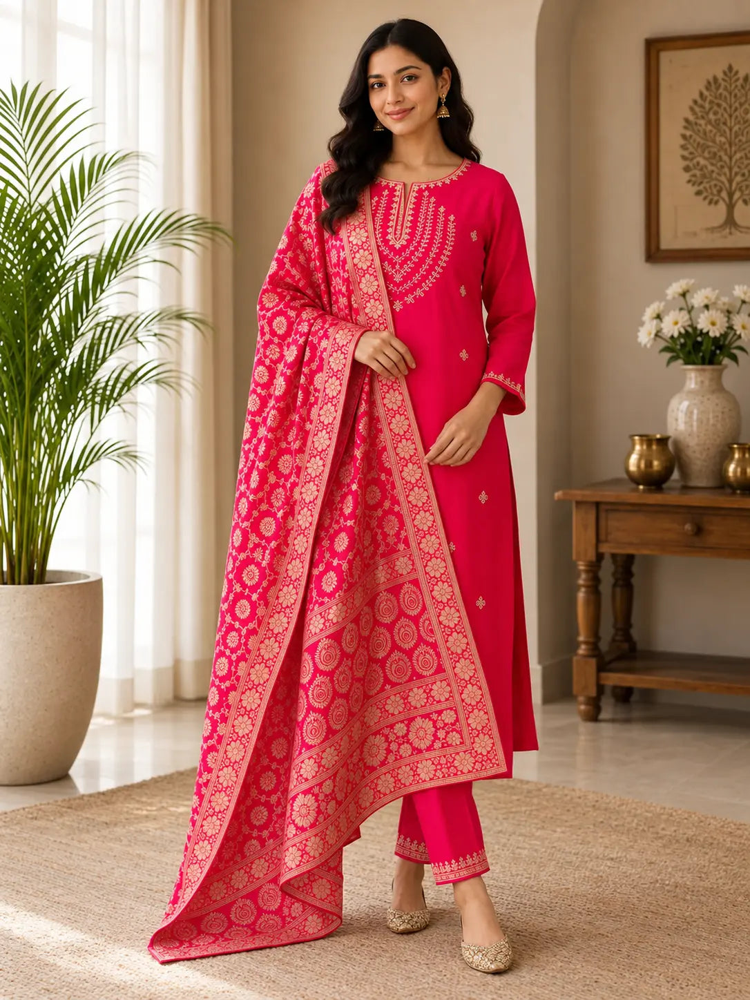 Magenta Dola Silk Hand Zardosi Suit Set - 3 Piece
