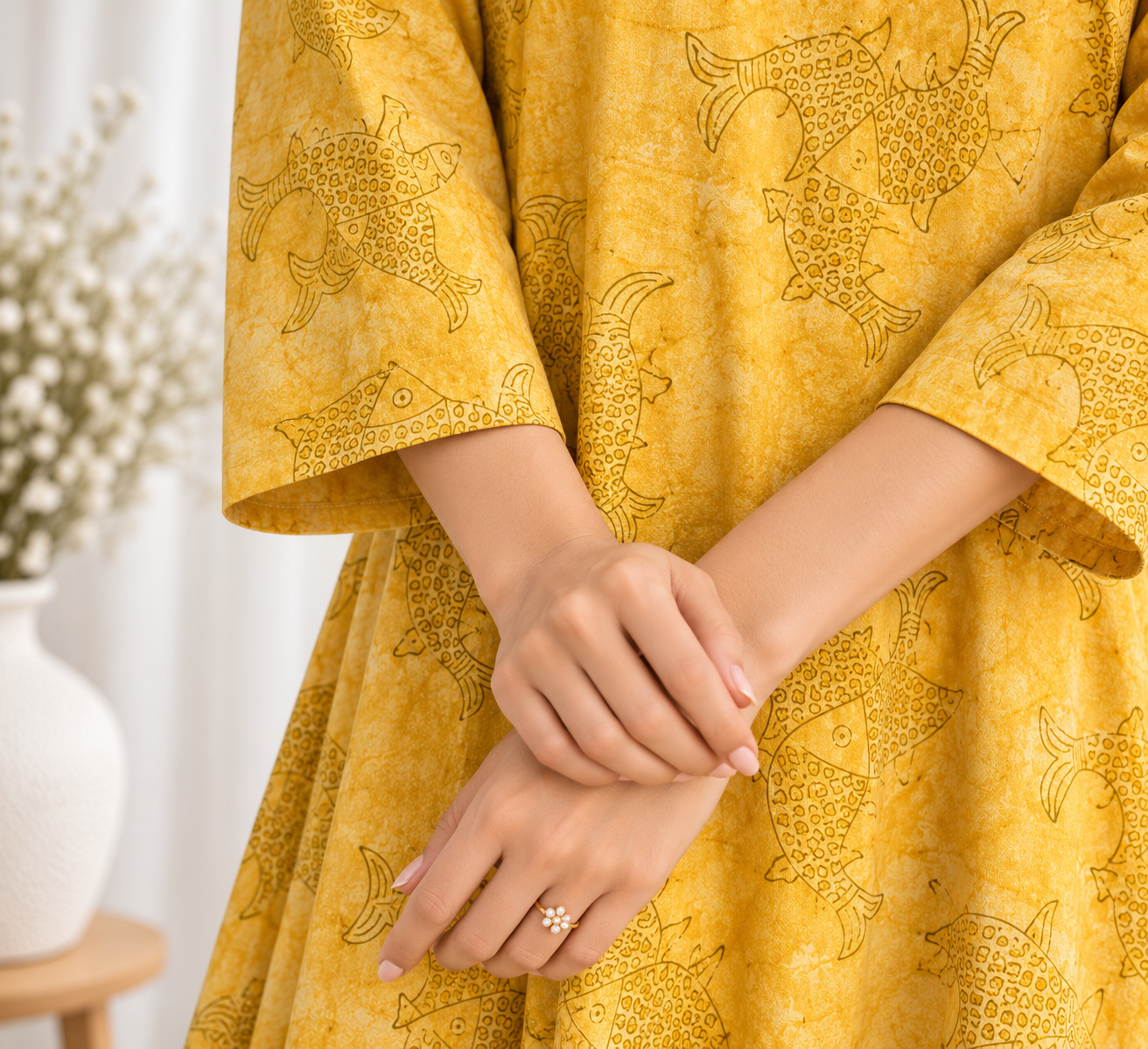 Matsya Mustard Fish HandBlock Printed A-Line Cotton Kurta