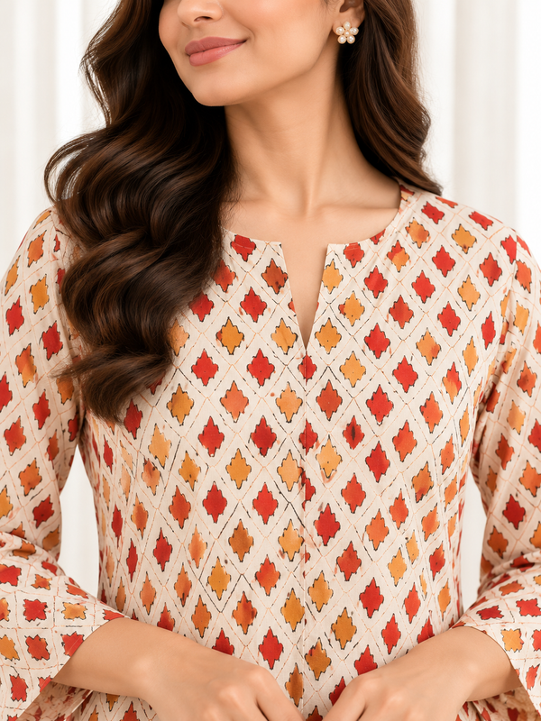 Cream Rust Diamond Ikat HandBlock Printed A-Line Cotton Kurta