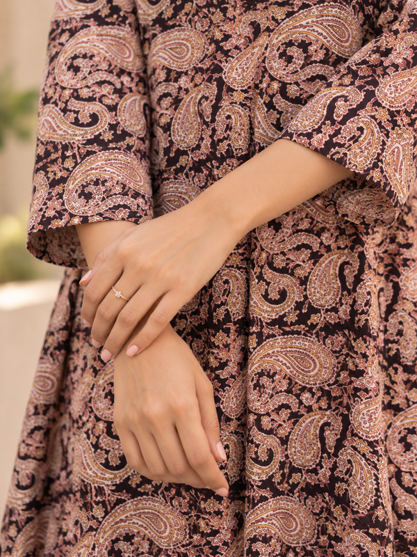 Brown Beige Paisley HandBlock Printed A-Line Cotton Kurta