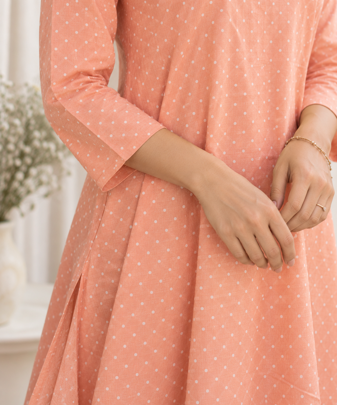Peach Blush Polka Dot HandBlock Printed A-Line Cotton Kurta