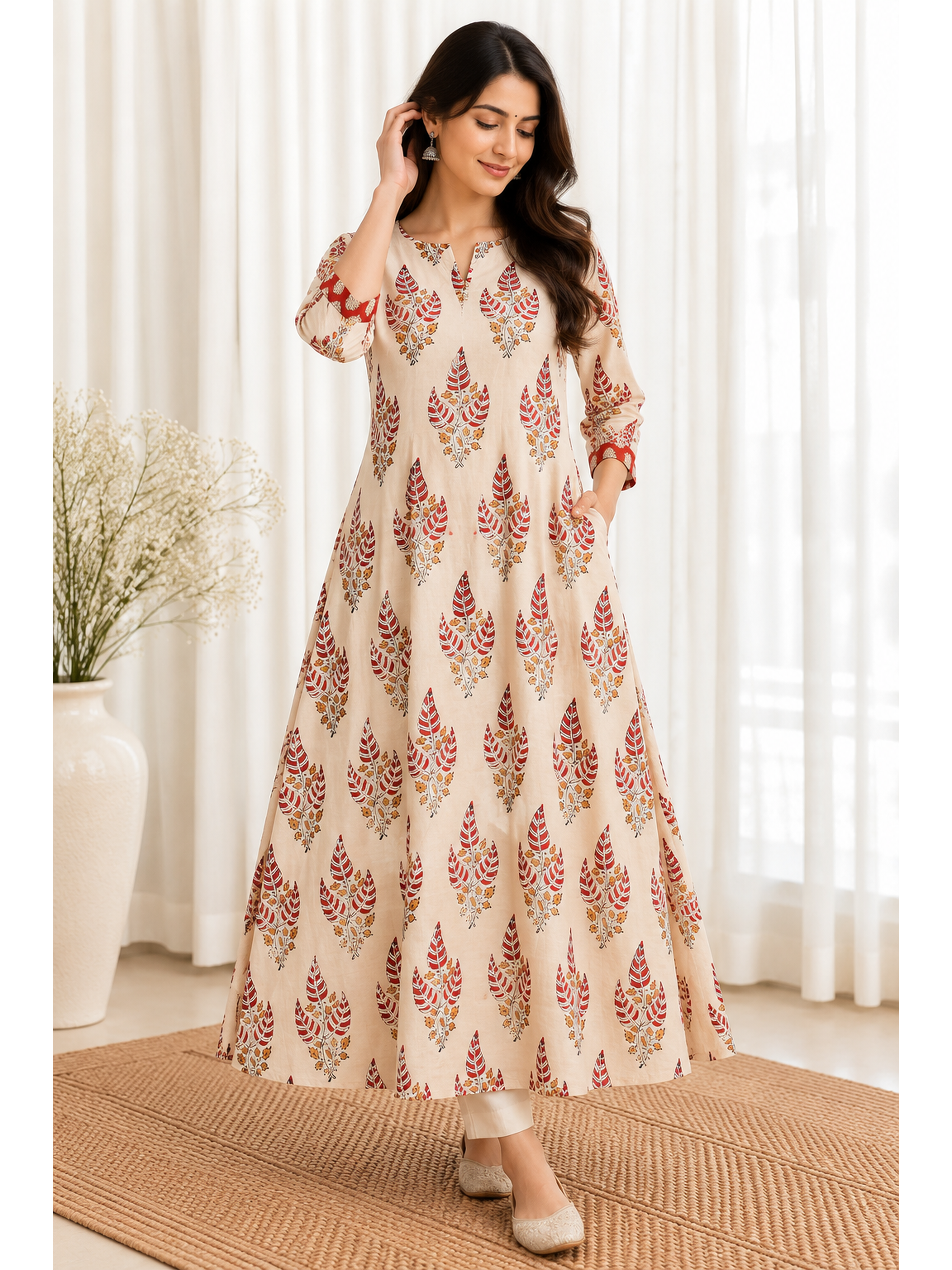 Cream Red Leaf Motif HandBlock Printed A-Line Cotton Kurta