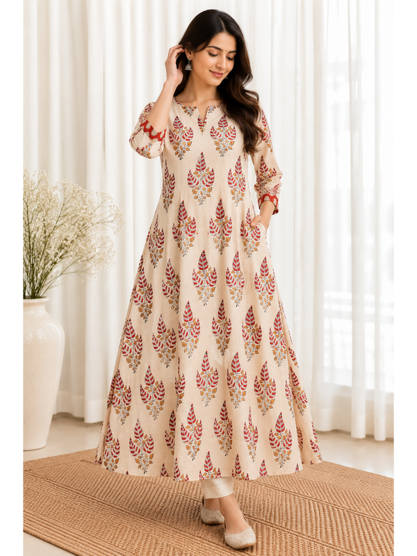 Cream Red Leaf Motif HandBlock Printed A-Line Cotton Kurta
