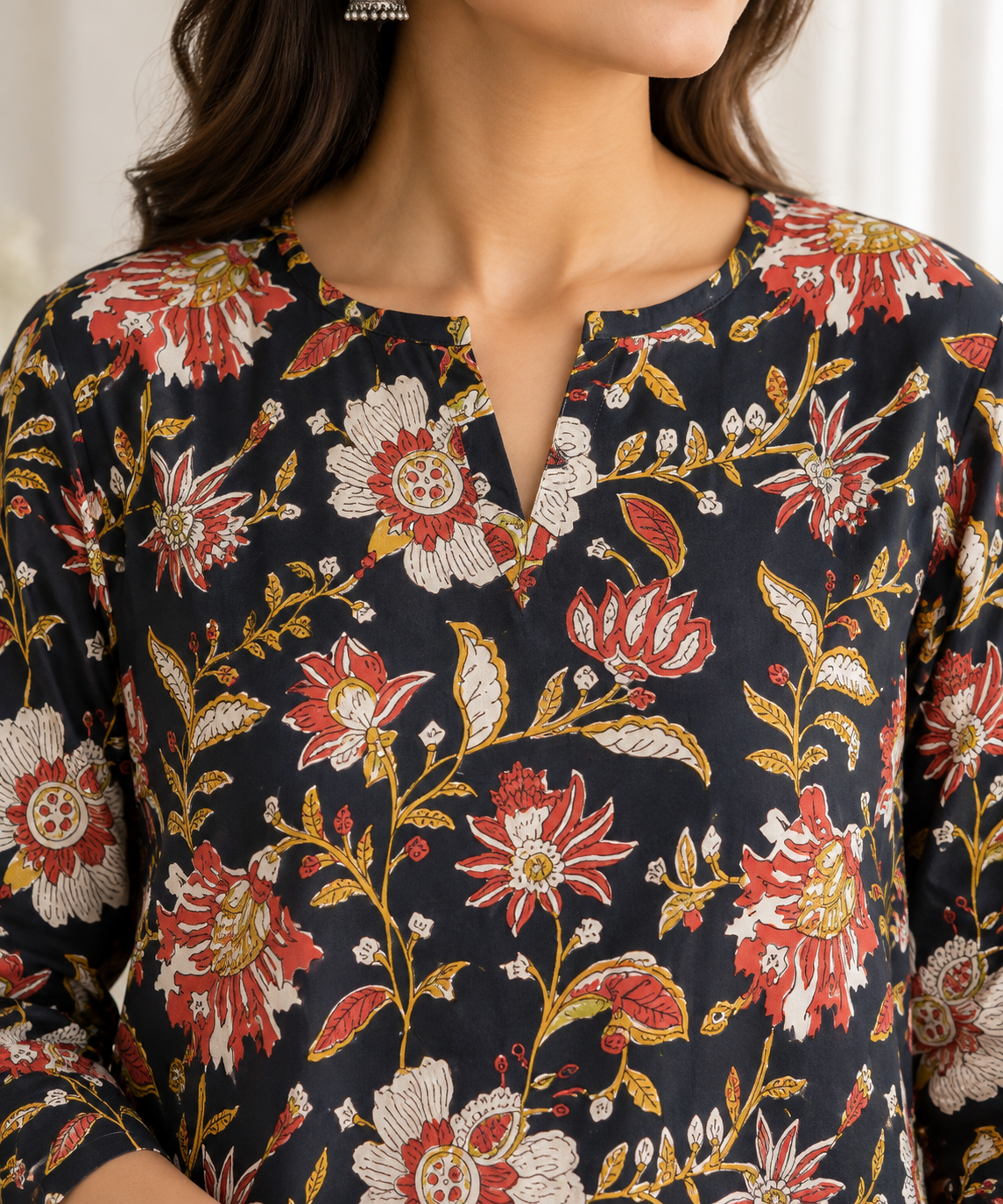 Midnight Black & Jaal HandBlock Printed A-Line Cotton Kurta