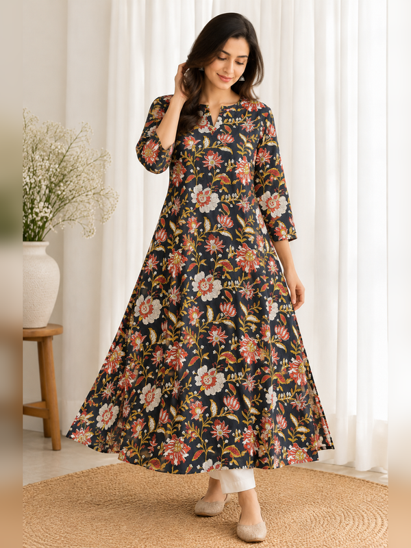 Midnight Black & Jaal HandBlock Printed A-Line Cotton Kurta