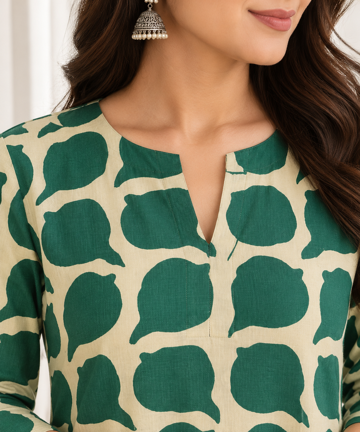Forest Green Leaf Motif HandBlock Printed A-Line Cotton Kurta