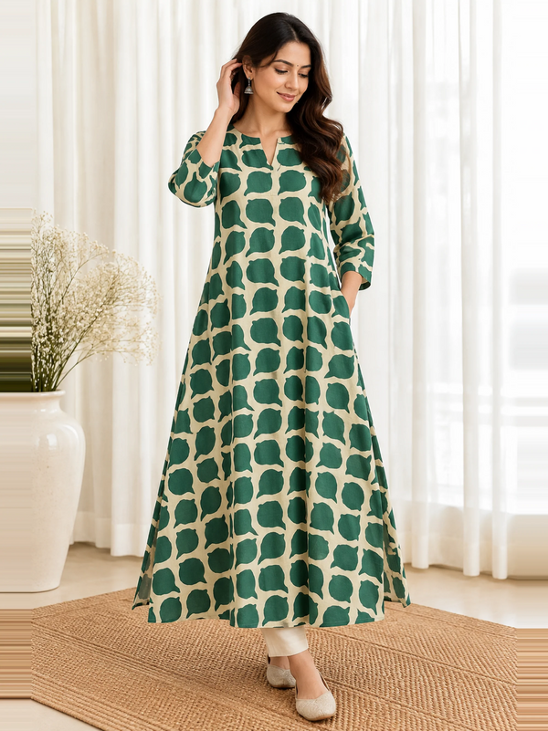 Forest Green Leaf Motif HandBlock Printed A-Line Cotton Kurta