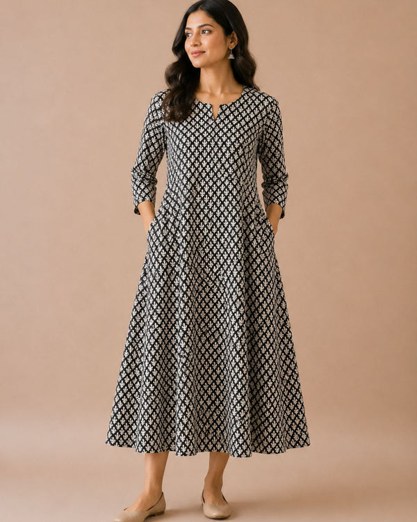 Black Bagru A-line Kurta