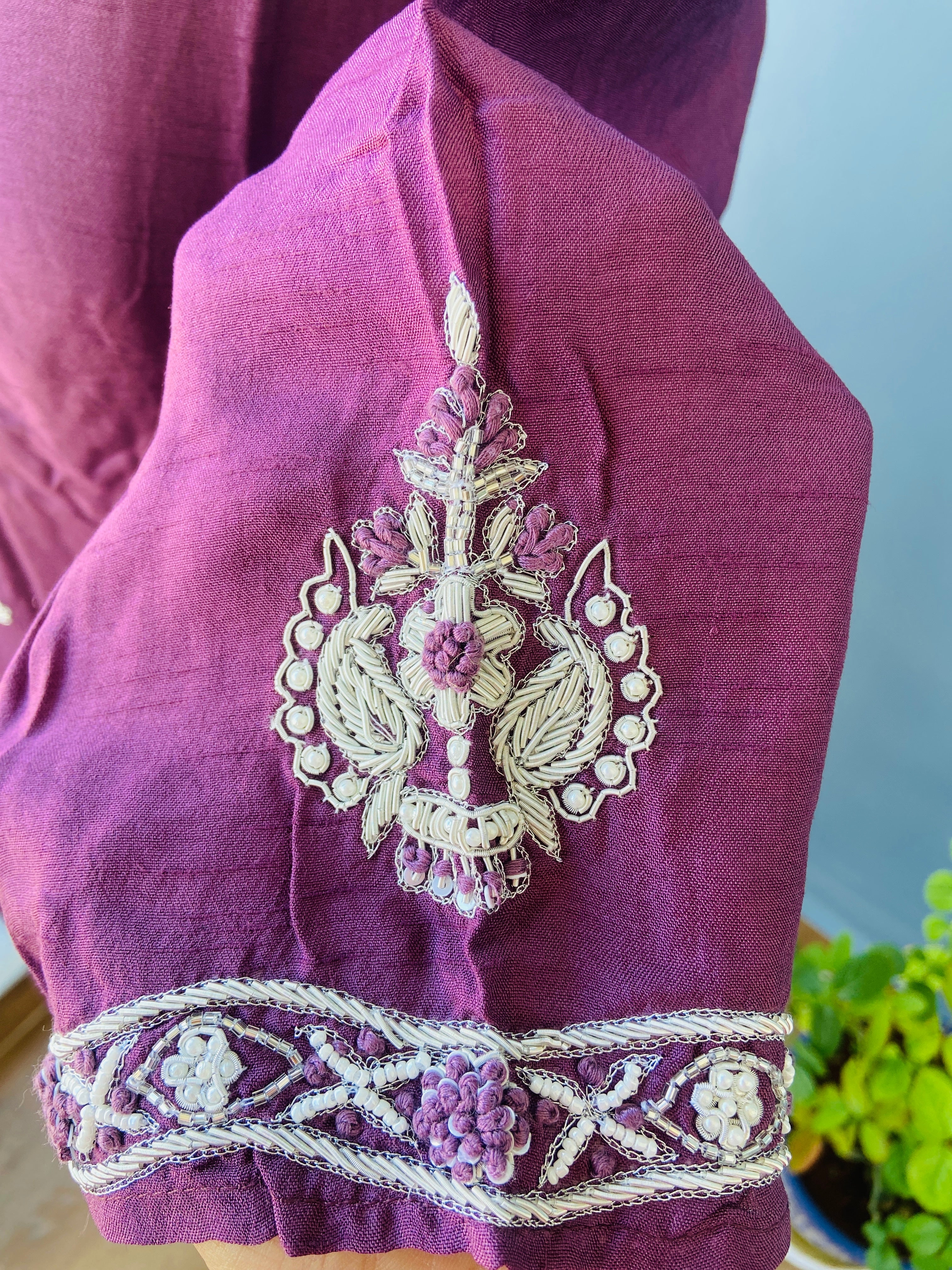 Violet Muslin Silk Silver Hand zardosi Suit Set - 3 Piece