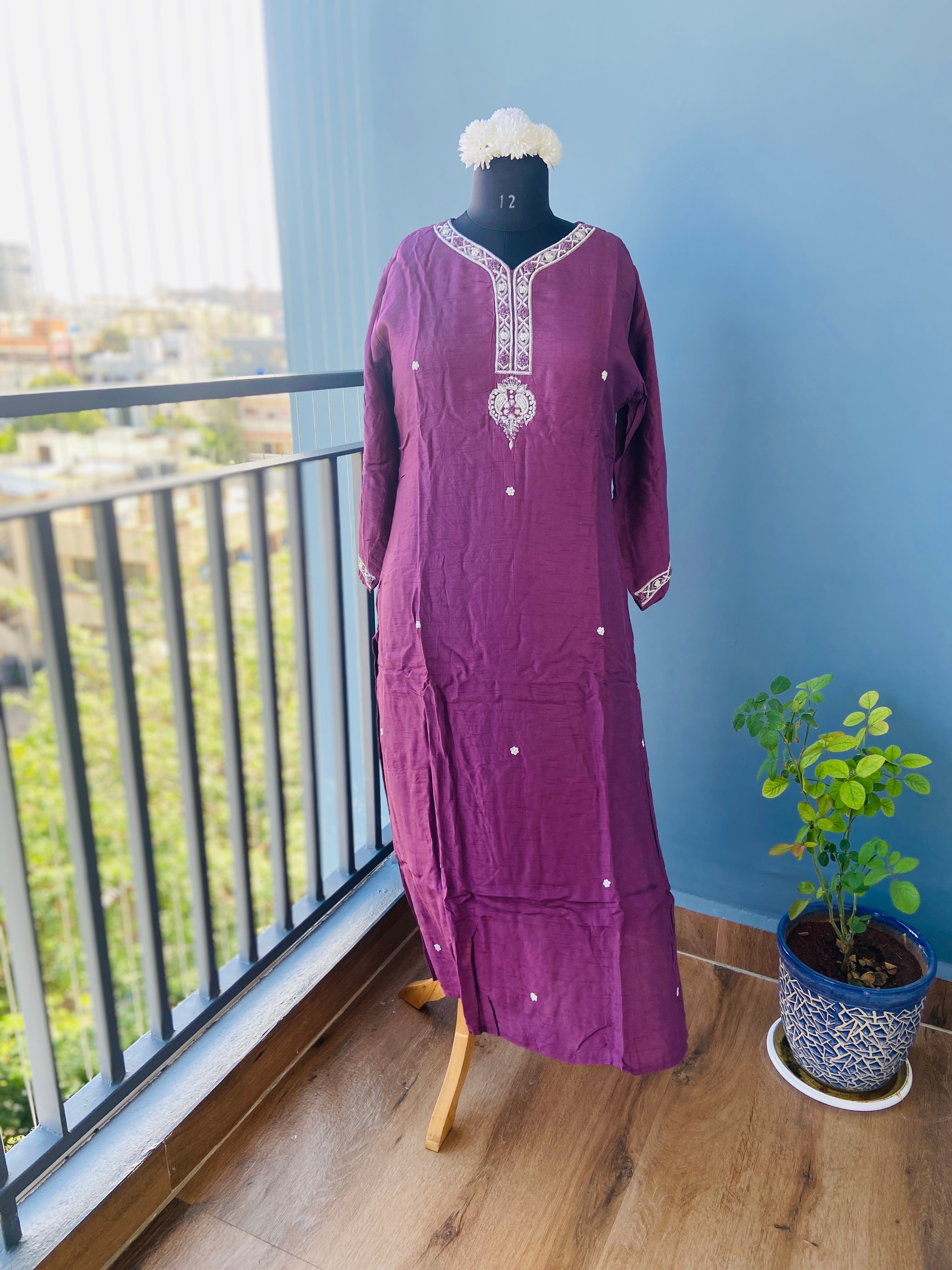 Violet Muslin Silk Silver Hand zardosi Suit Set - 3 Piece