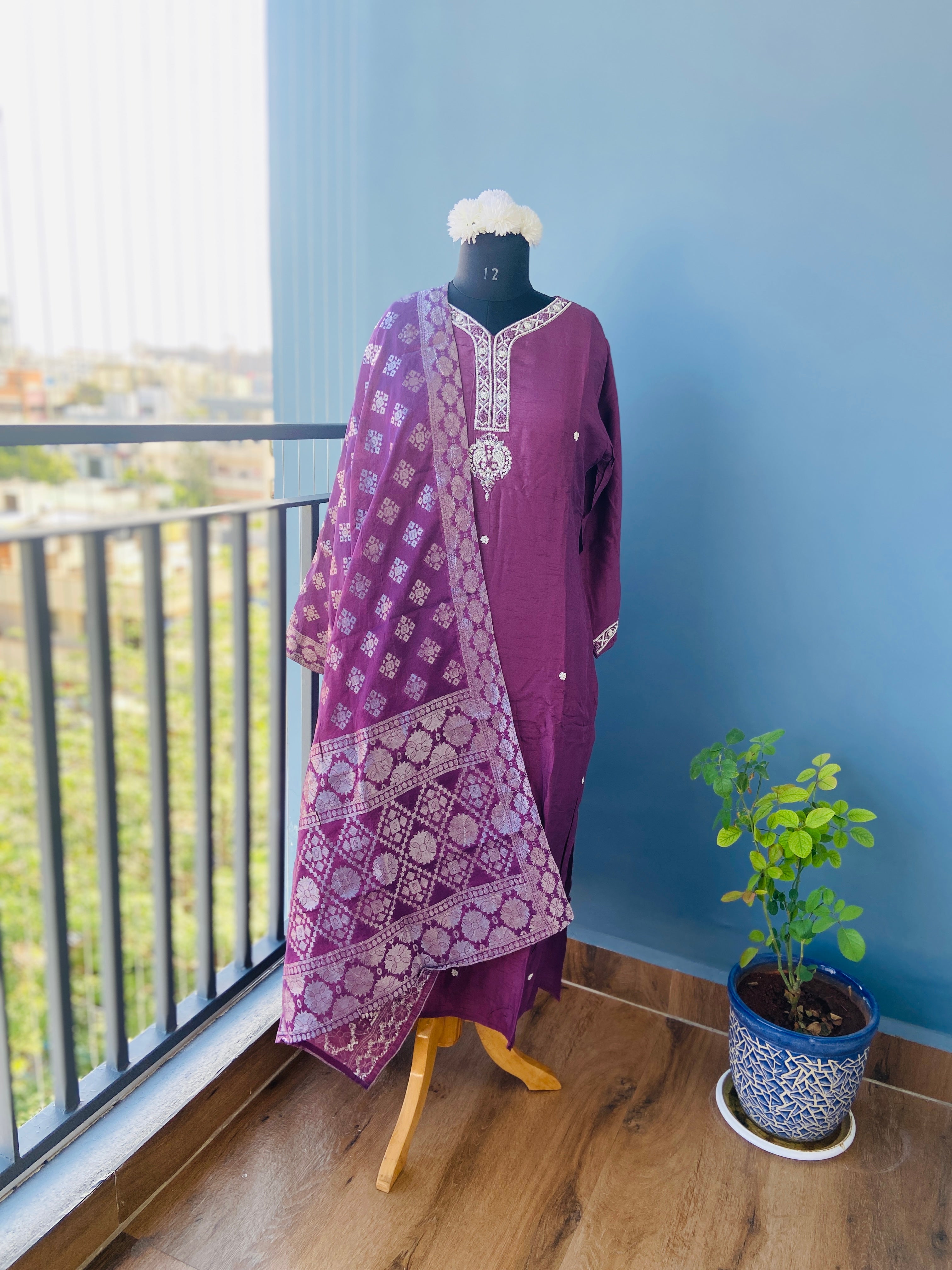Violet Muslin Silk Silver Hand zardosi Suit Set - 3 Piece