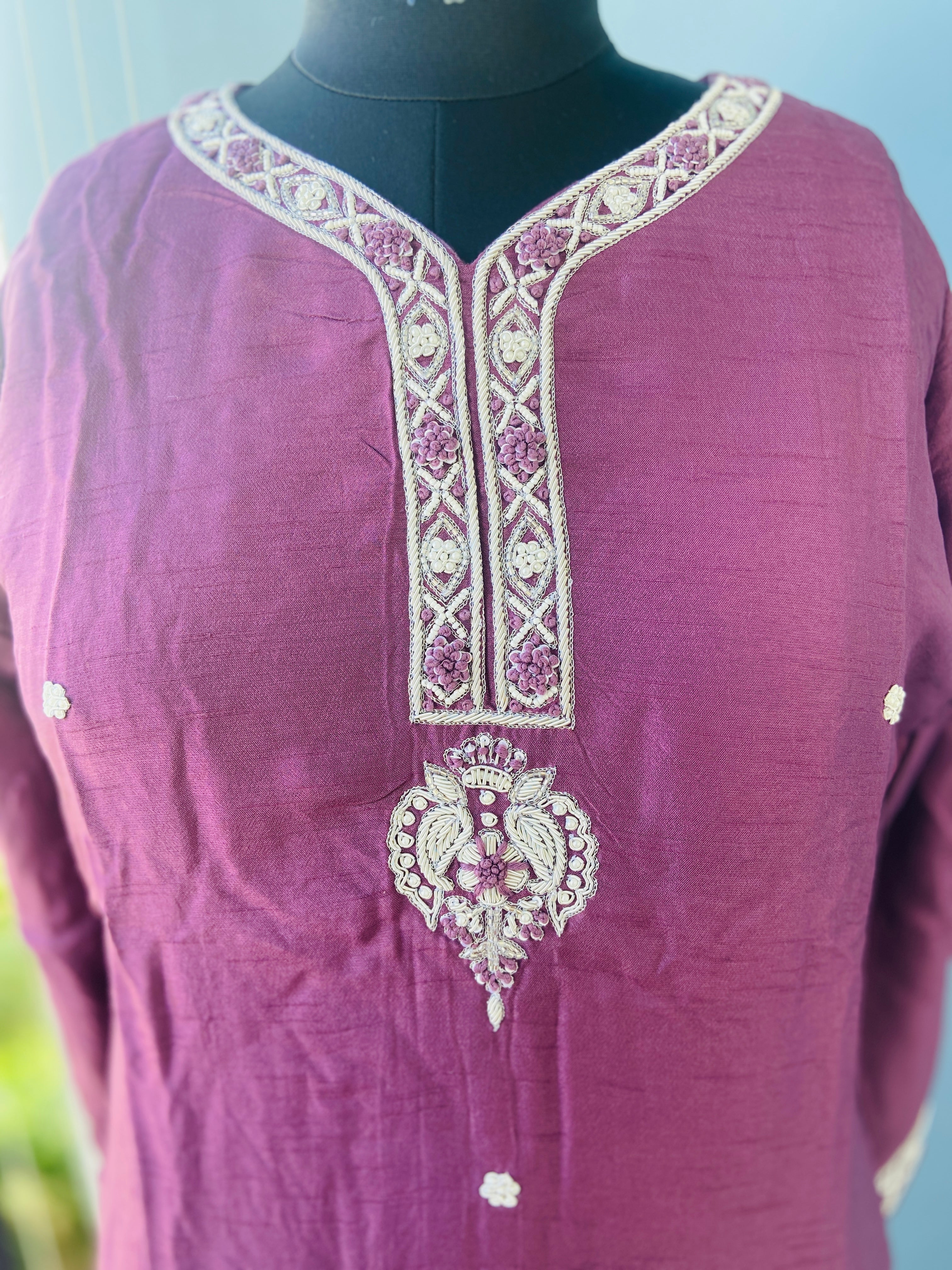 Violet Muslin Silk Silver Hand zardosi Suit Set - 3 Piece