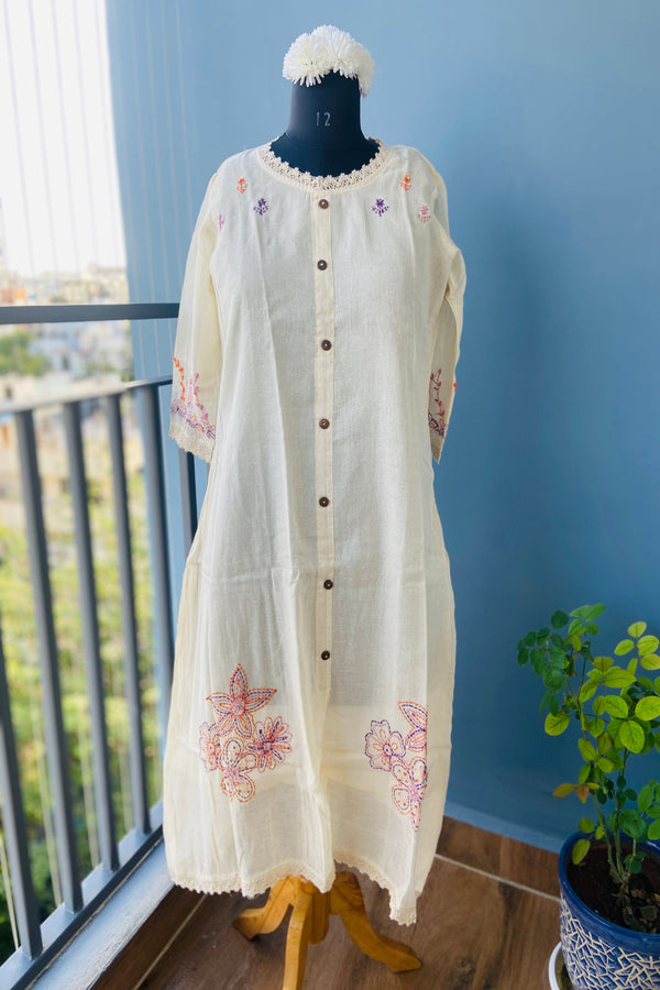 Cream Shade Mul Cotton Hand Katha Co-ord set - 2 Piece