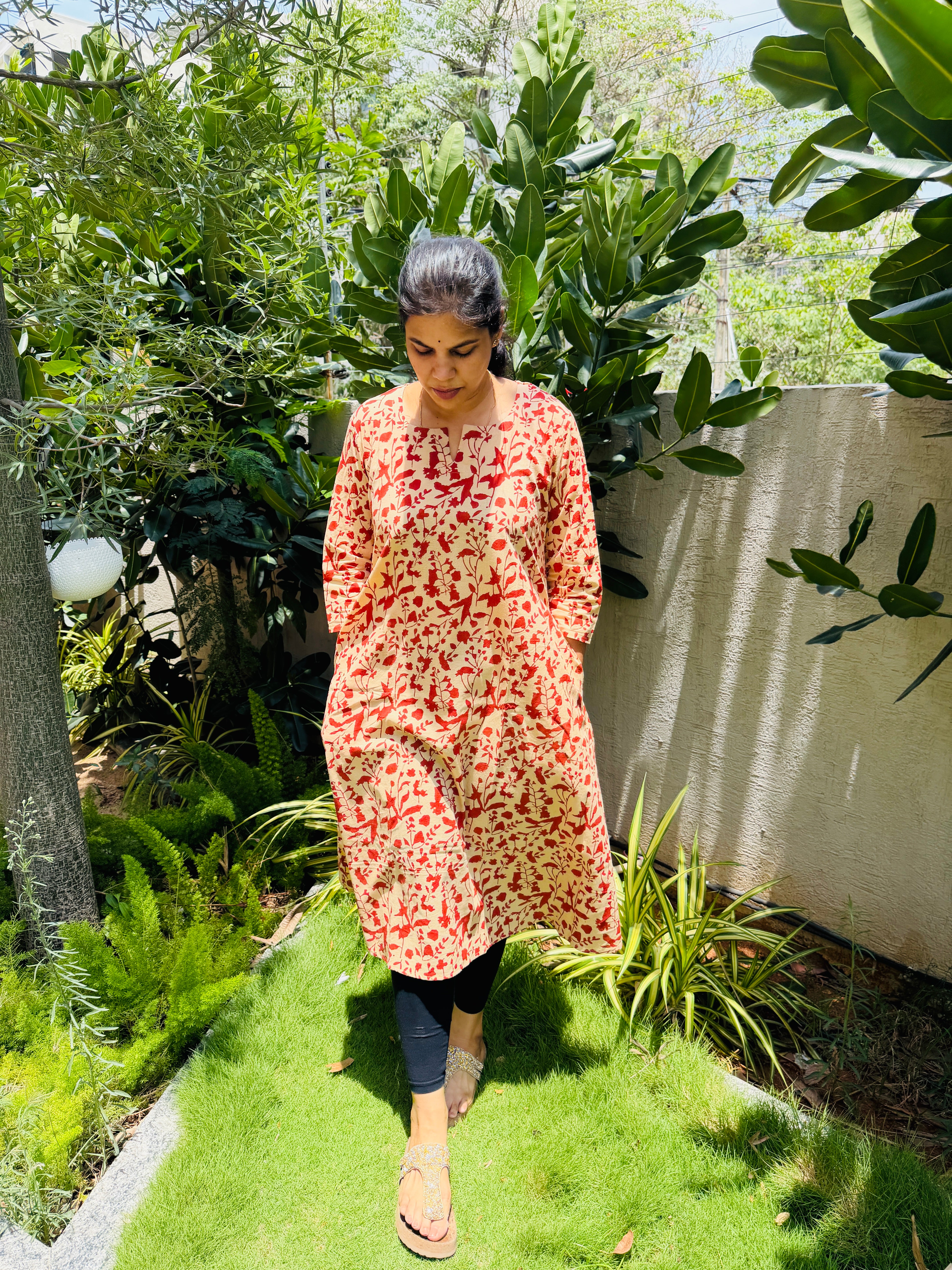 Beige & Red Bagru Cotton Block Printed A-Line Kurta