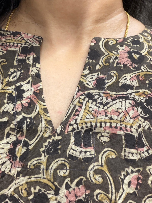 Dark Olive Green Kalamkari Block Printed A-Line Kurta