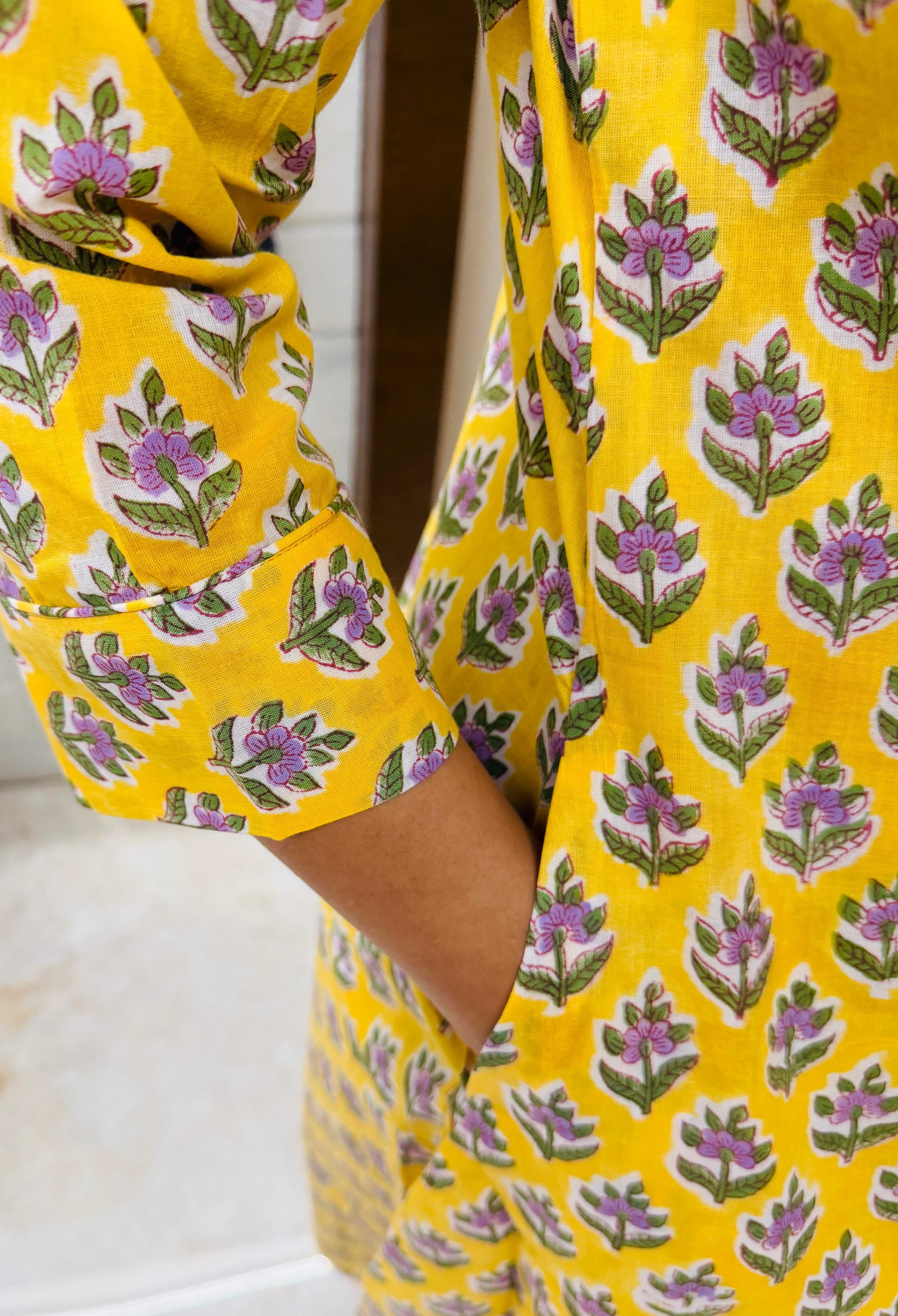 Lemon Yellow Bagru Block Printed A-Line Kurta