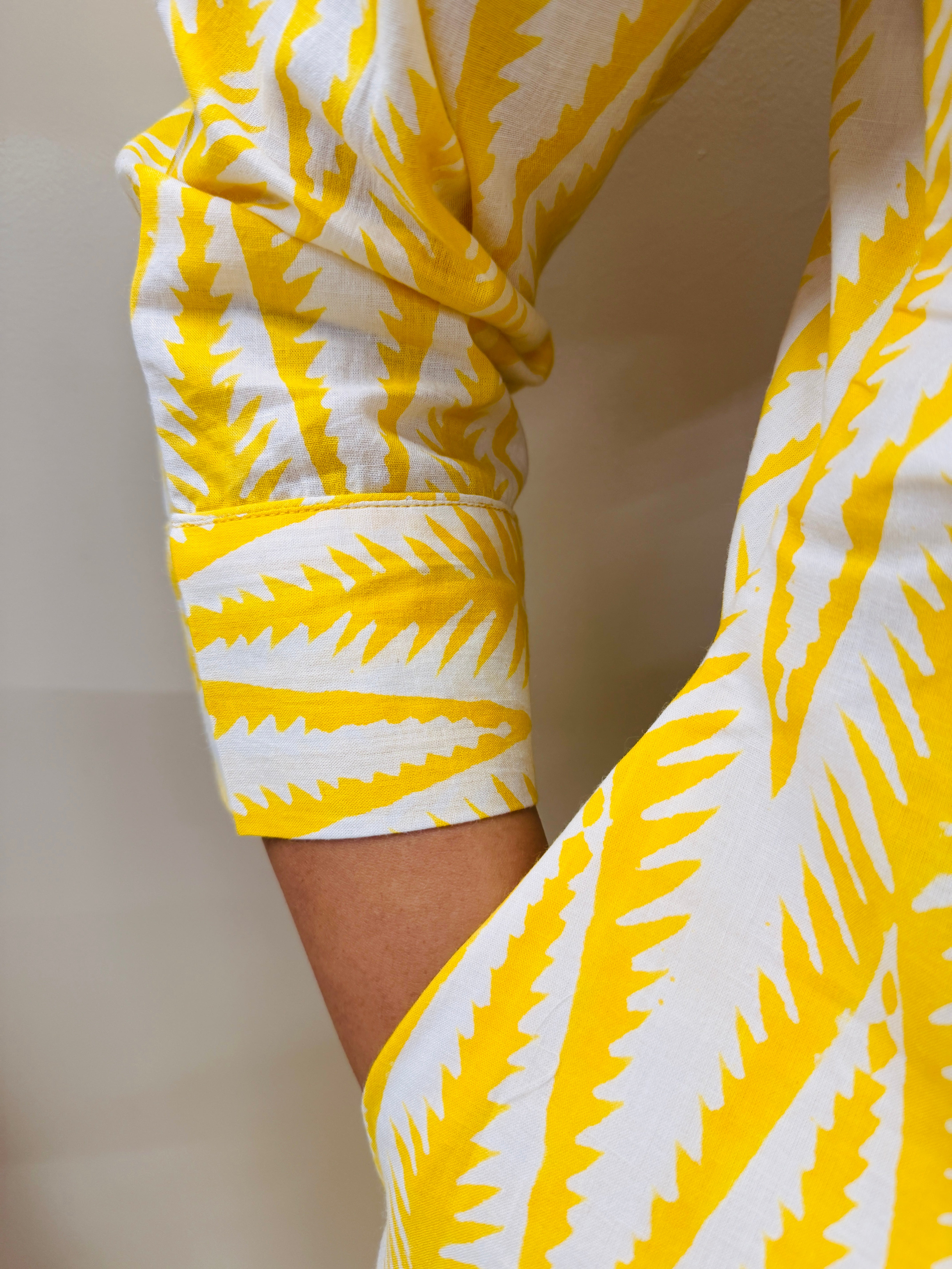 Yellow & White Bagru Block Printed A-Line Kurta With Lining