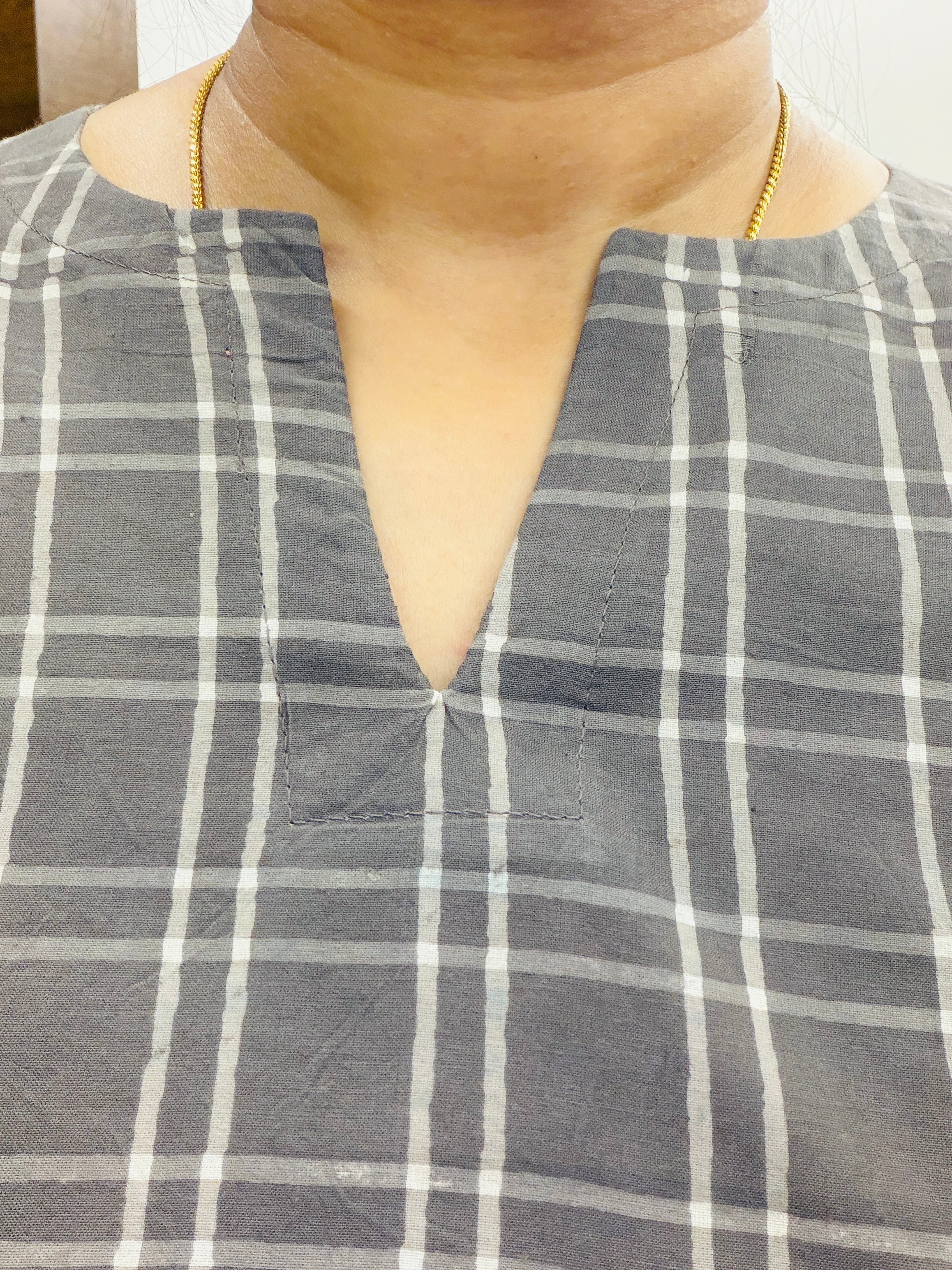 Grey Check Dabu Block Printed A-Line Kurta