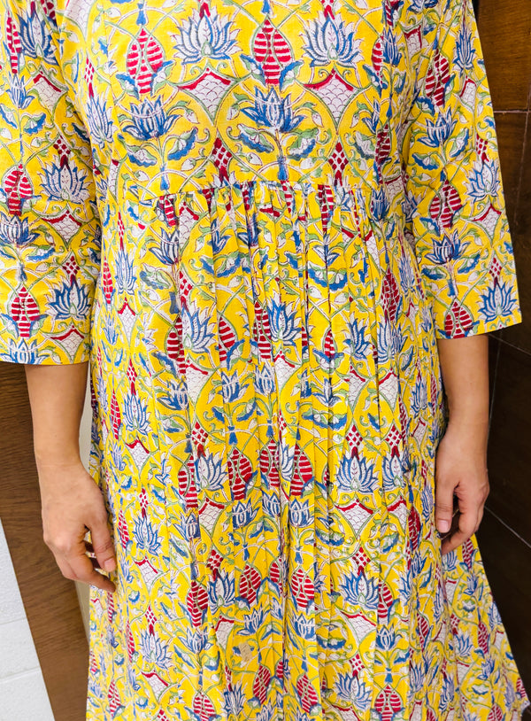 Yellow Bagru Block Printed Pleated A-Line Kurta