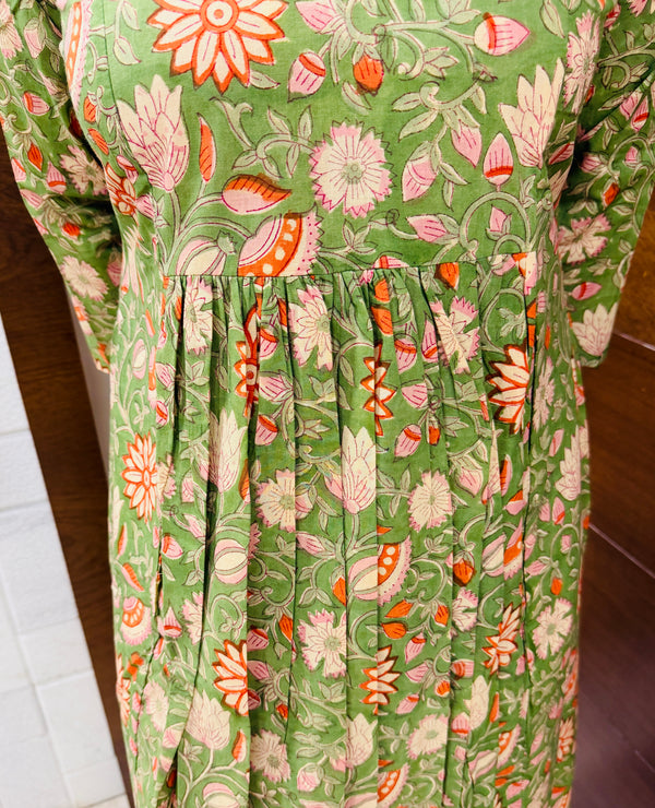 Green Bagru Block Printed A-Line Kurta