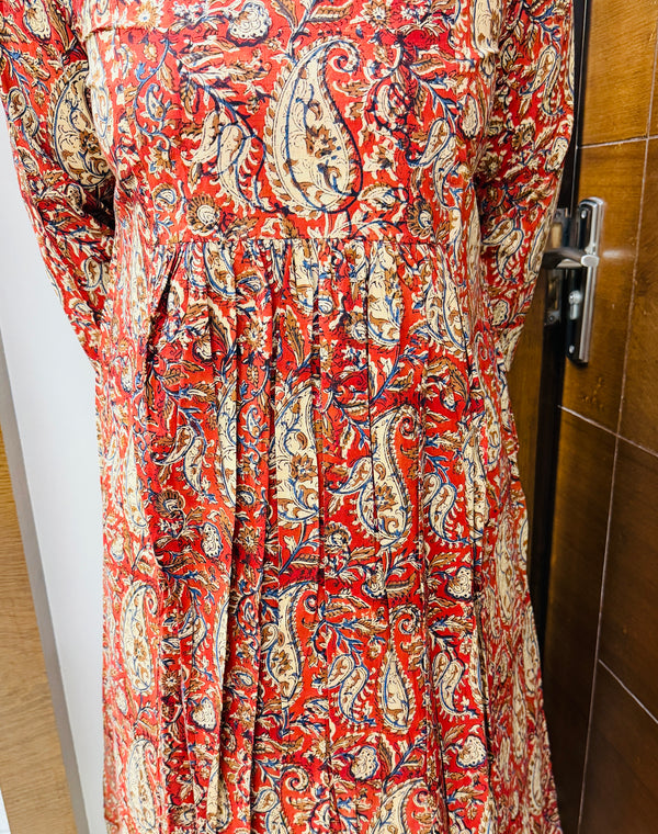 Red Kalamkari Block Printed Pleated A-Line Kurta