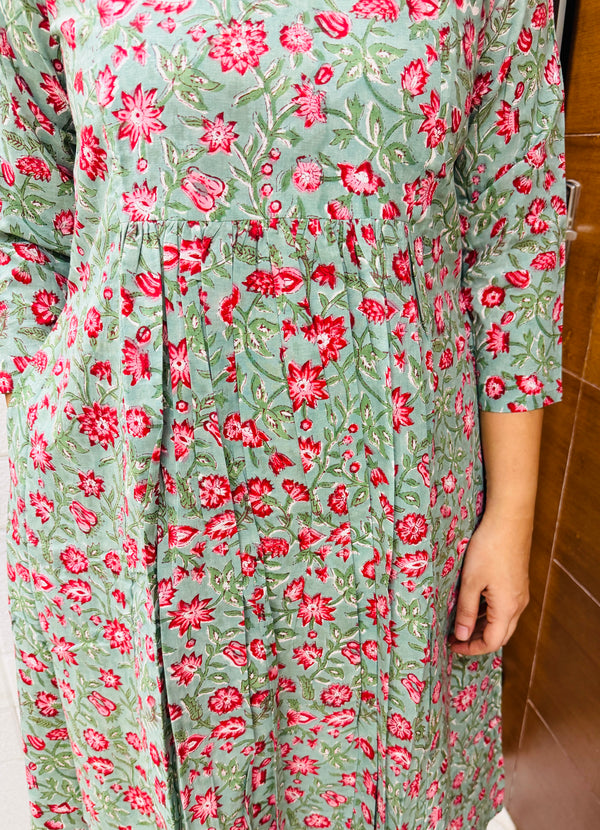 Light Teal Bagru Block Printed Pleated A-Line Kurta
