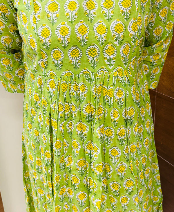 Lime Green Bagru Block Printed Pleated A-Line Kurta